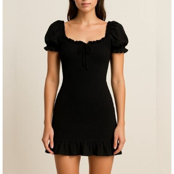 Isalis Black Drawstring Short Sleeve Ruffle Hem Smocked Mini Dress Size S - Picture 1 of 6